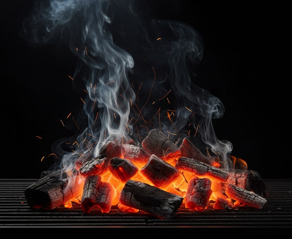 Burning charcoal logs with flames and smoke